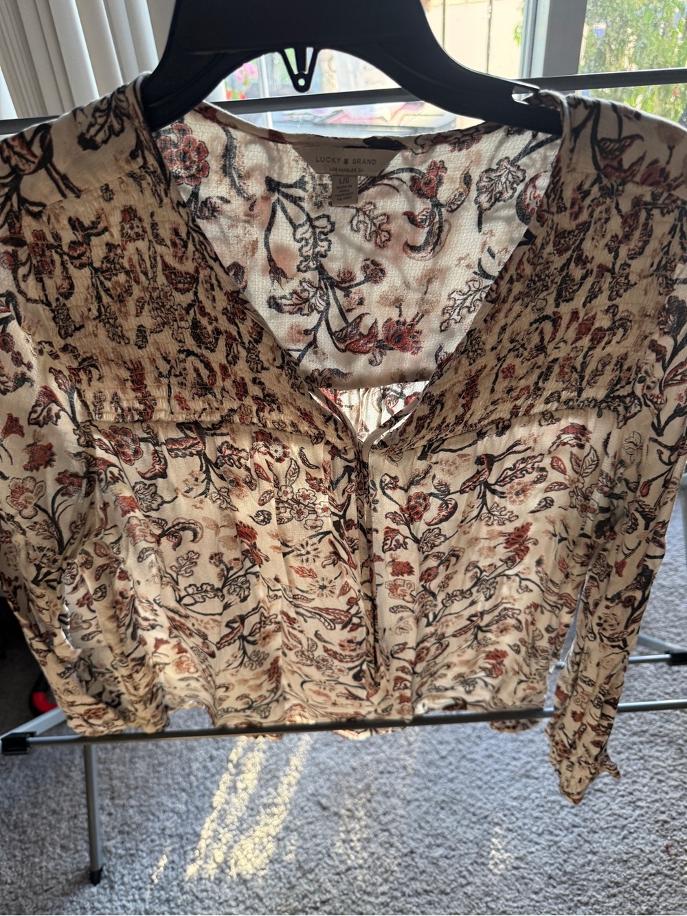 Lucky Brand Cream Floral Button-Up Blouse with Rust and Black Accents